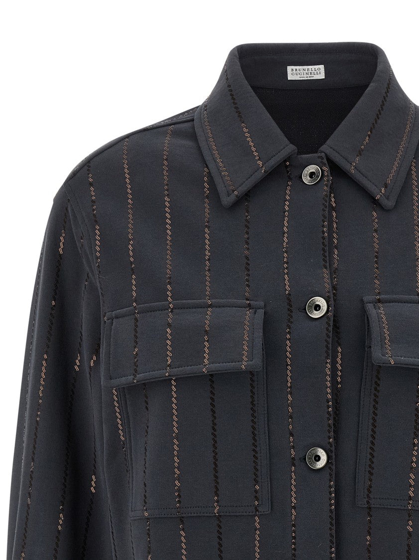 Brunello Cucinelli Cotton Fleece Shirt With Striped Sequin