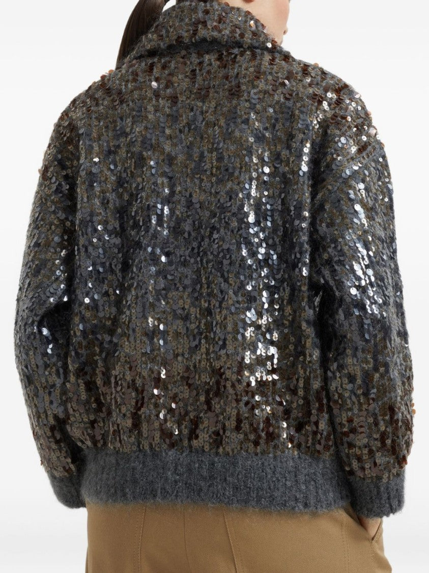 Brunello Cucinelli Textured Grey Sweater With Sequined Detailing