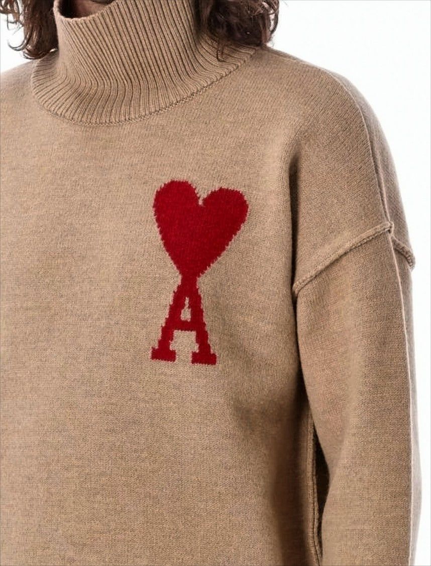 Ami Brown Wool Turtleneck Sweater With Dropped Shoulders