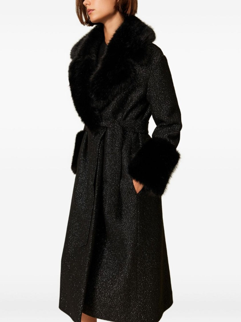 Twin-Set Textured Black Coat With Fur Trim
