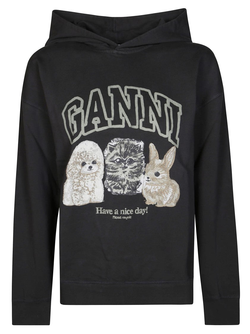 Ganni Oversized Crop Hoodie With Playful Animal Graphics