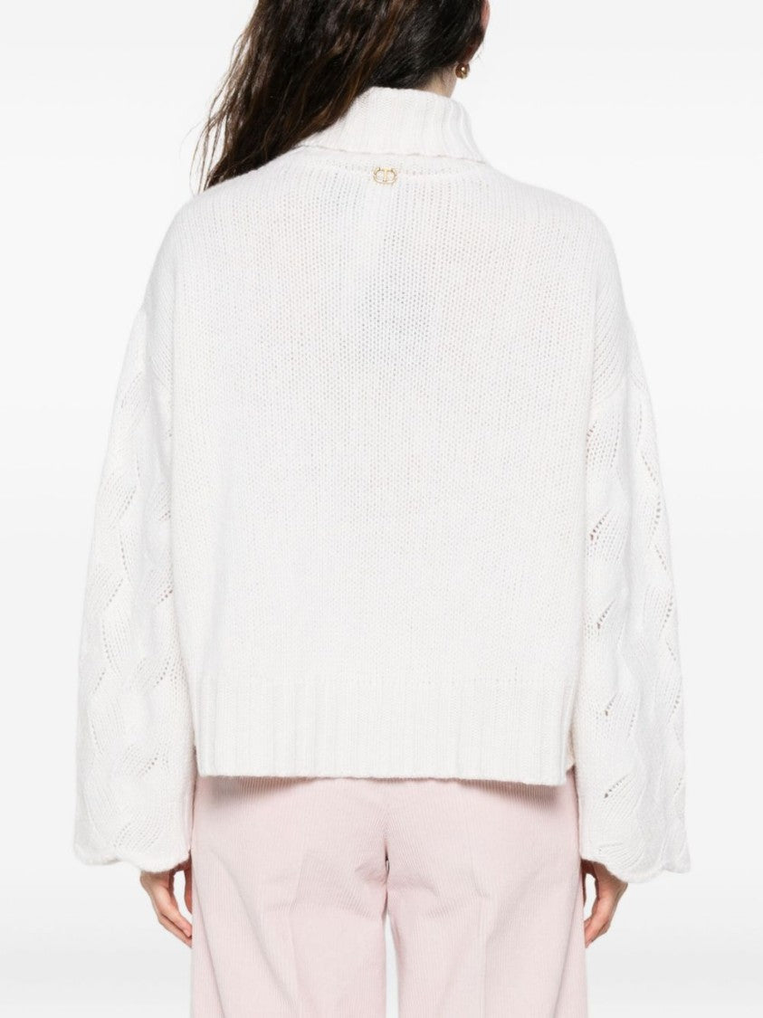 Twin-Set Cropped White Sweater With High Turtleneck