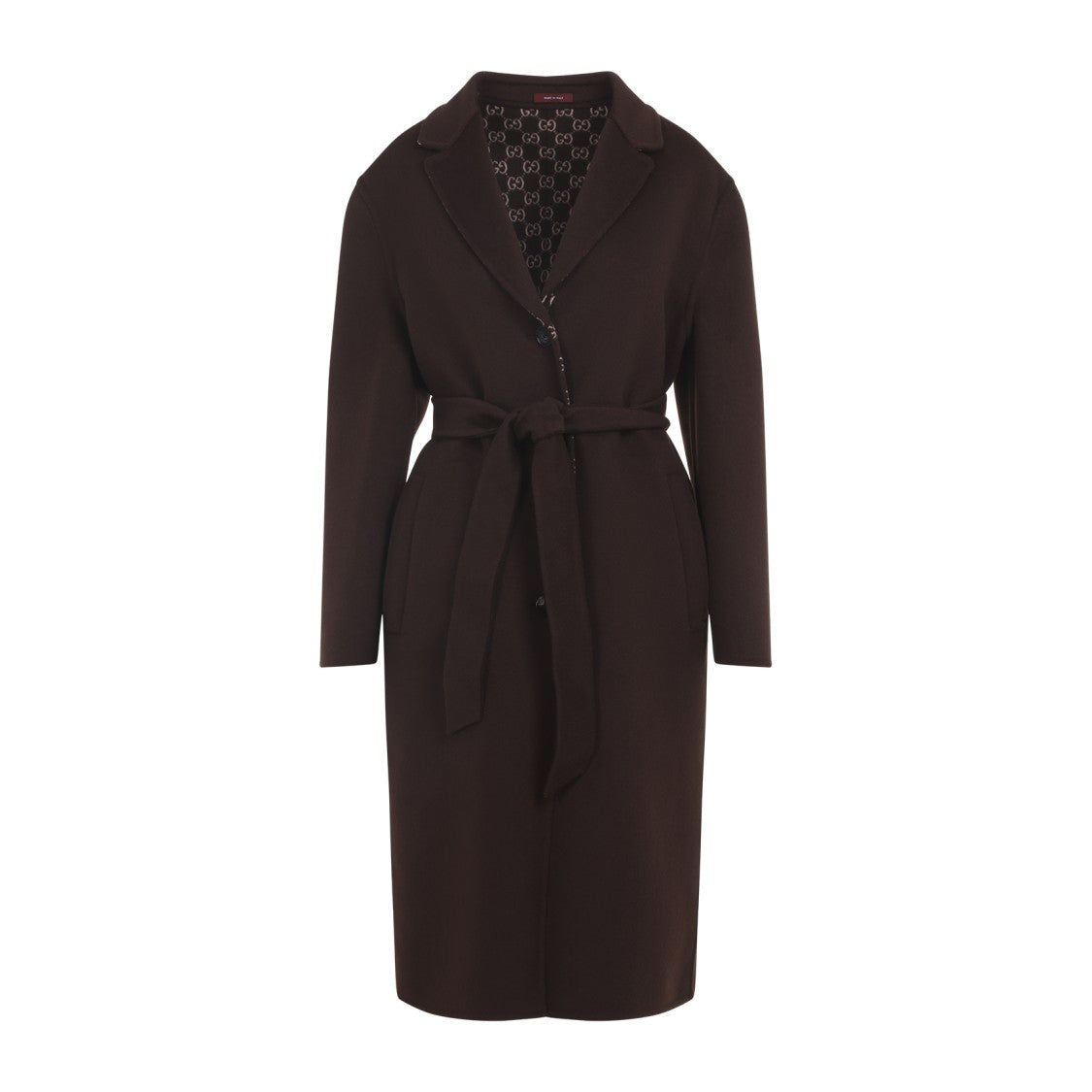 Gucci Tailored Long Wool Coat With Classic Lapel And Monogram Lining