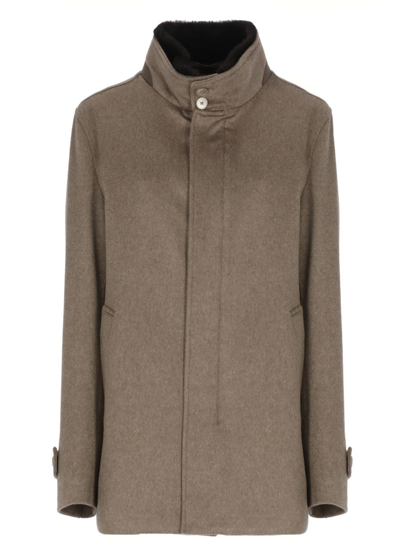 Herno Beige Cashmere Coat With Fur-Lined High Neck