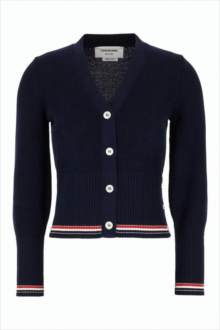 Thom Browne Cropped V-Neck Cardigan With Ribbed Texture And Tricolor Accents