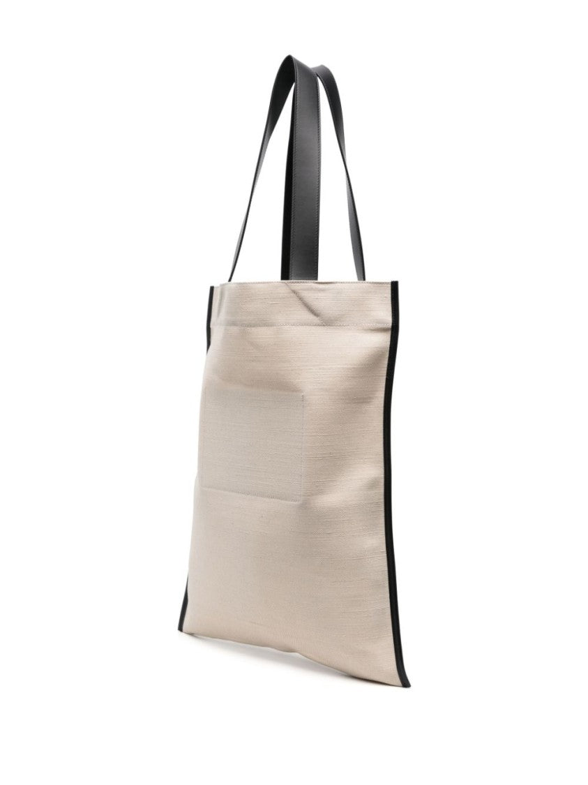 Jil Sander Ivory White Canvas Tote Bag With Leather Trim And Embroidered Logo