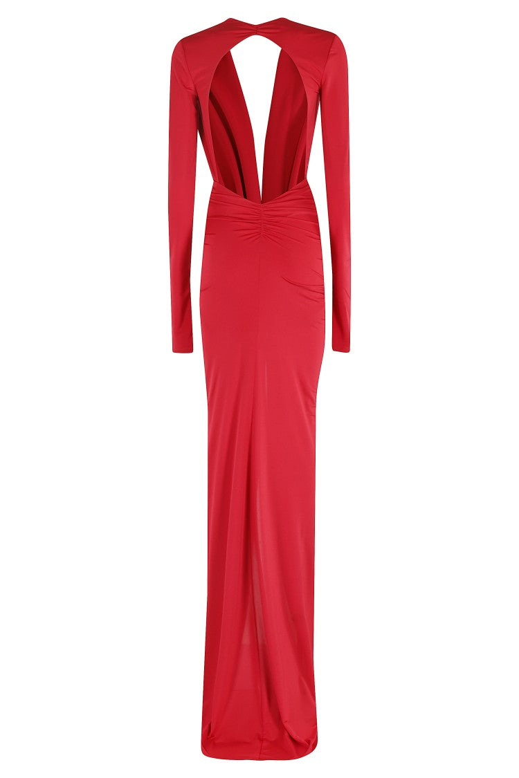 The Andamane Draped Long Red Maxi Dress With V-Neckline And Front Slit