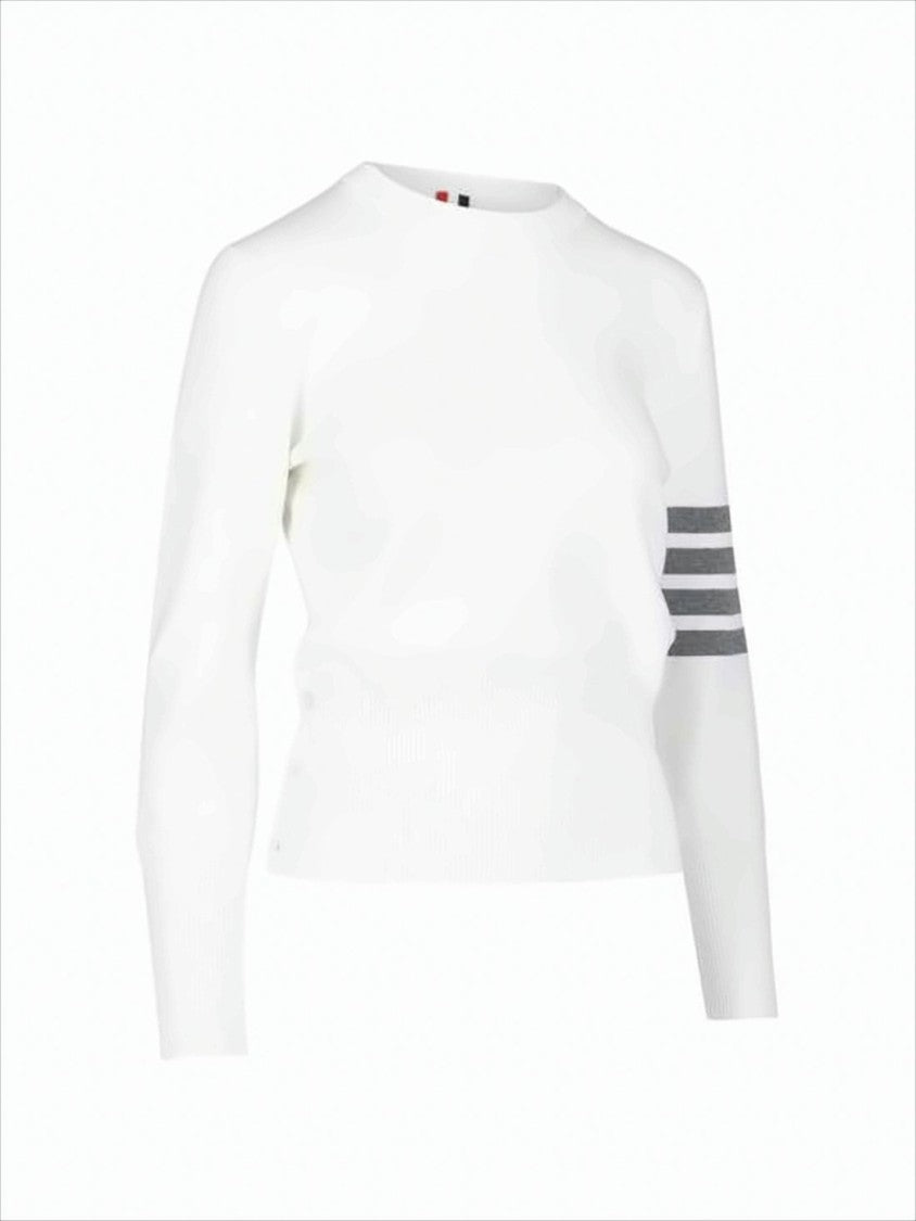 Thom Browne White Knit Sweater With Distinctive Stripes And Button Detail