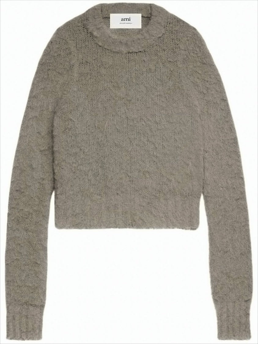 Ami Cropped Fuzzy Knit Sweater With Unique Texture