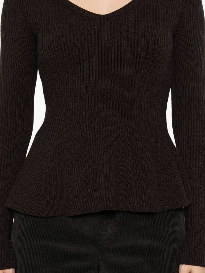 Twin-Set Fitted Ribbed Knit Sweater With Deep V-Neckline