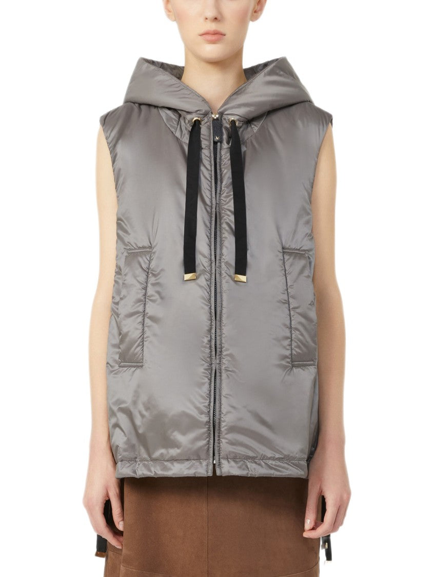 Max Mara Short Grey Vest With Hood And Drawstring Edge