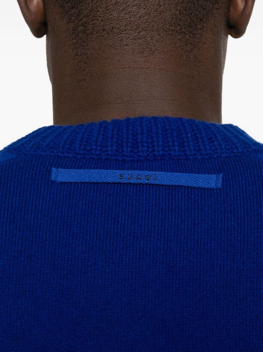 Sacai Solid Blue Sweater With Classic Crew Neckline And Ribbed Detailing