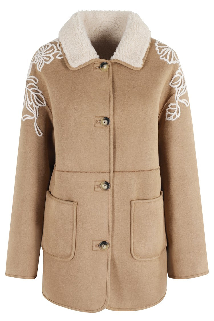Ermanno Firenze Suede Camel Sheepskin Coat With Teddy Collar