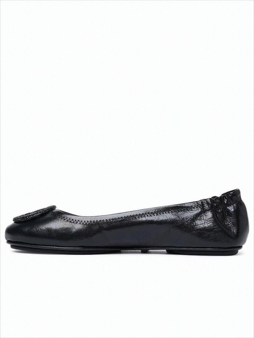Tory Burch Lamb Leather Black Flat Shoes With Textured Emblem