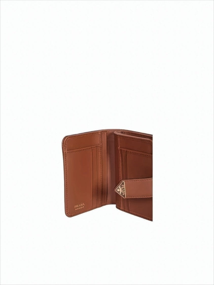 Prada Compact Brown Flap Wallet With Triangular Metal Accent