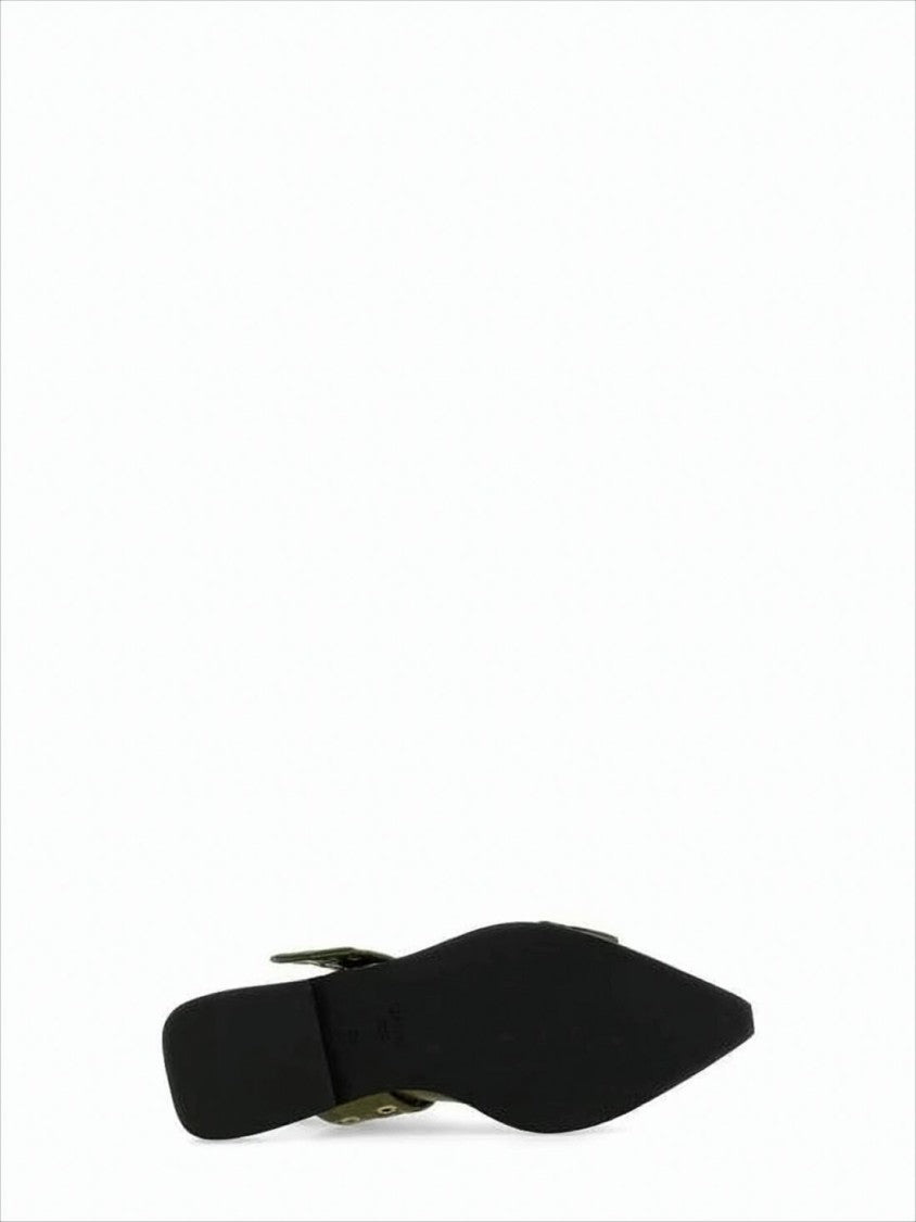 Ganni Glossy Olive Green Leather Flat Shoes With Buckle Detailing
