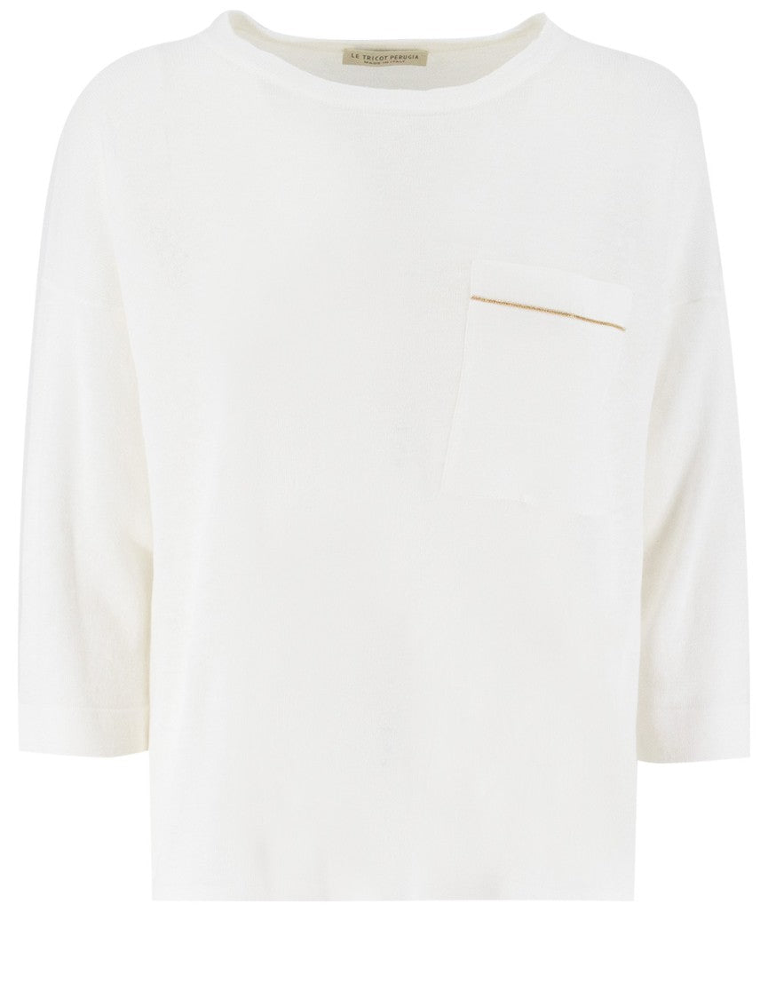 Le Tricot Perugia Relaxed White Sweater With Subtle Chest Pocket
