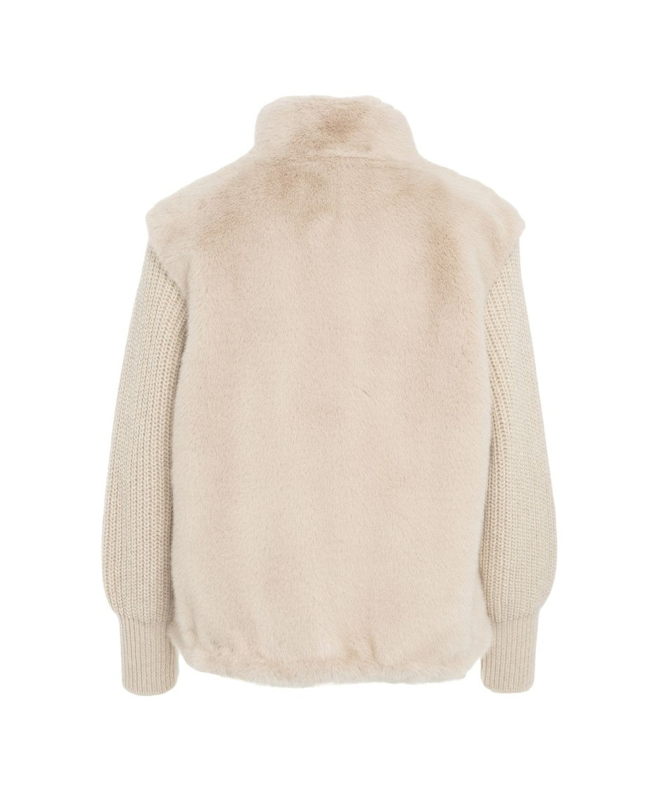 Herno Faux Fur Jacket With Ribbed Knit Sleeves And High Collar