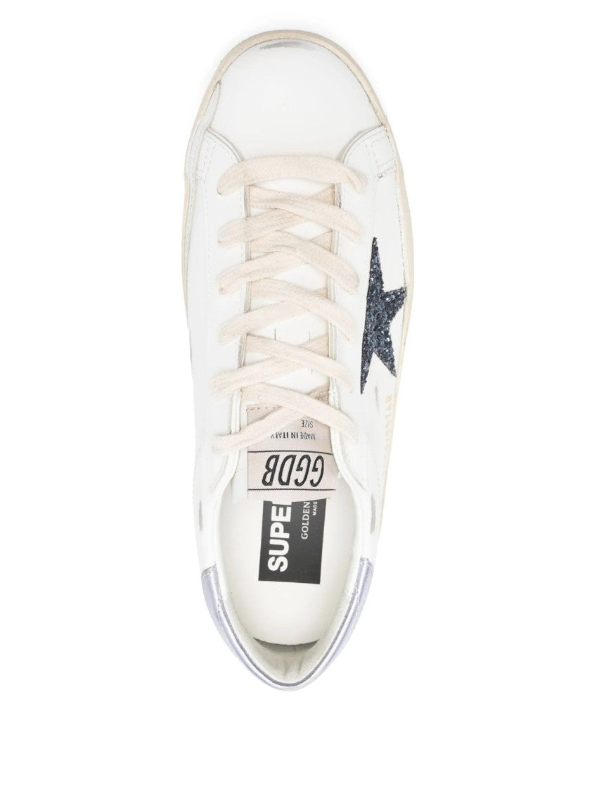 Golden Goose White Leather Sneakers With Glittery Star And Distressed Sole
