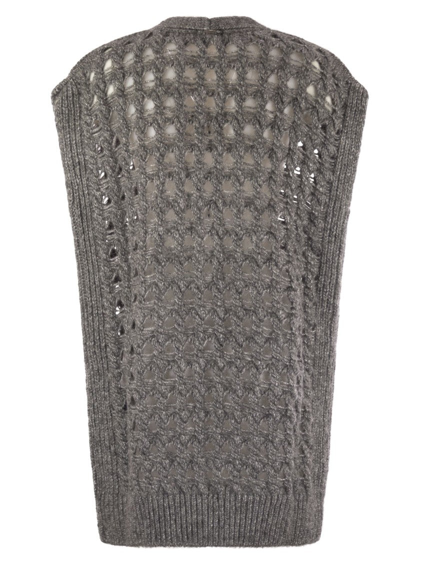 Herno Long Openwork Cardigan With V-Neck And Ribbed Edges