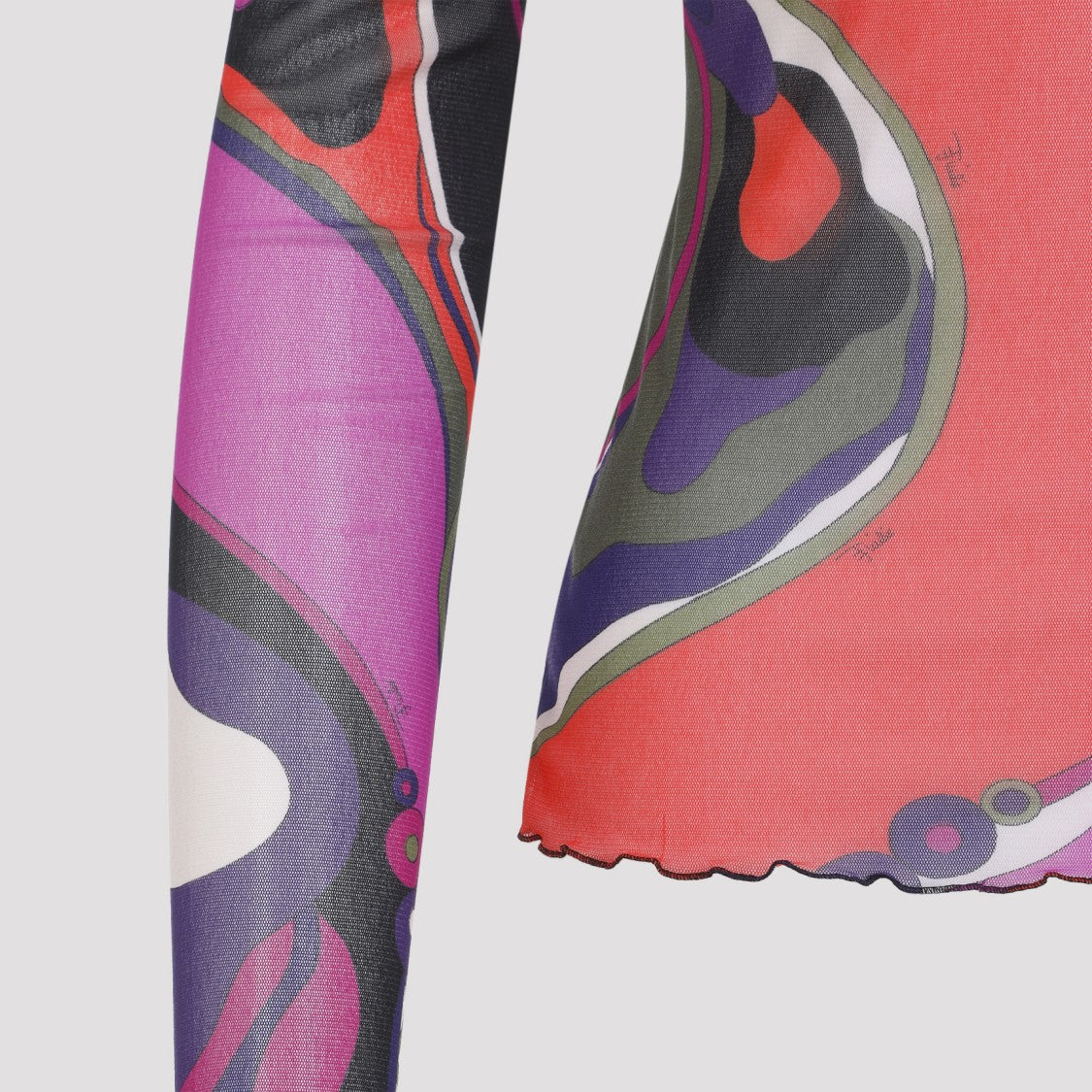 Pucci Multicolor Mesh Tulle T-Shirt With Standing Collar And Frilled Edges