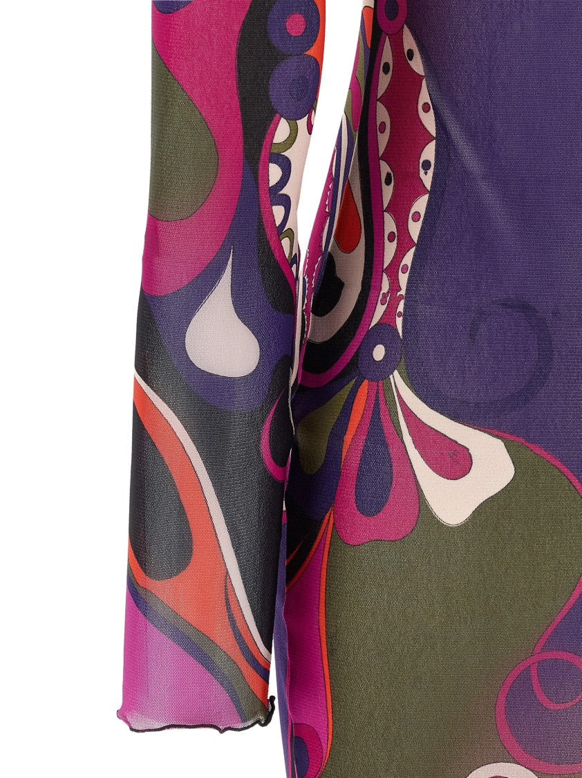 Emilio Pucci Printed Transparent Tulle Dress With High Neck