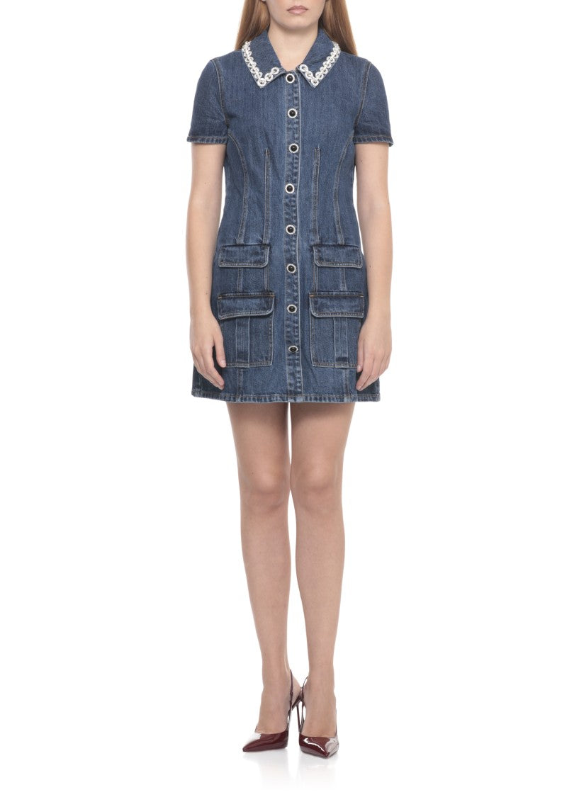 Self-Portrait Fitted Denim Dress With Strass-Detail Collar