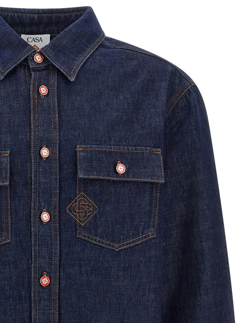 Casablanca Cotton Denim Shirt With Contrast Stitching And Logo Embroidery