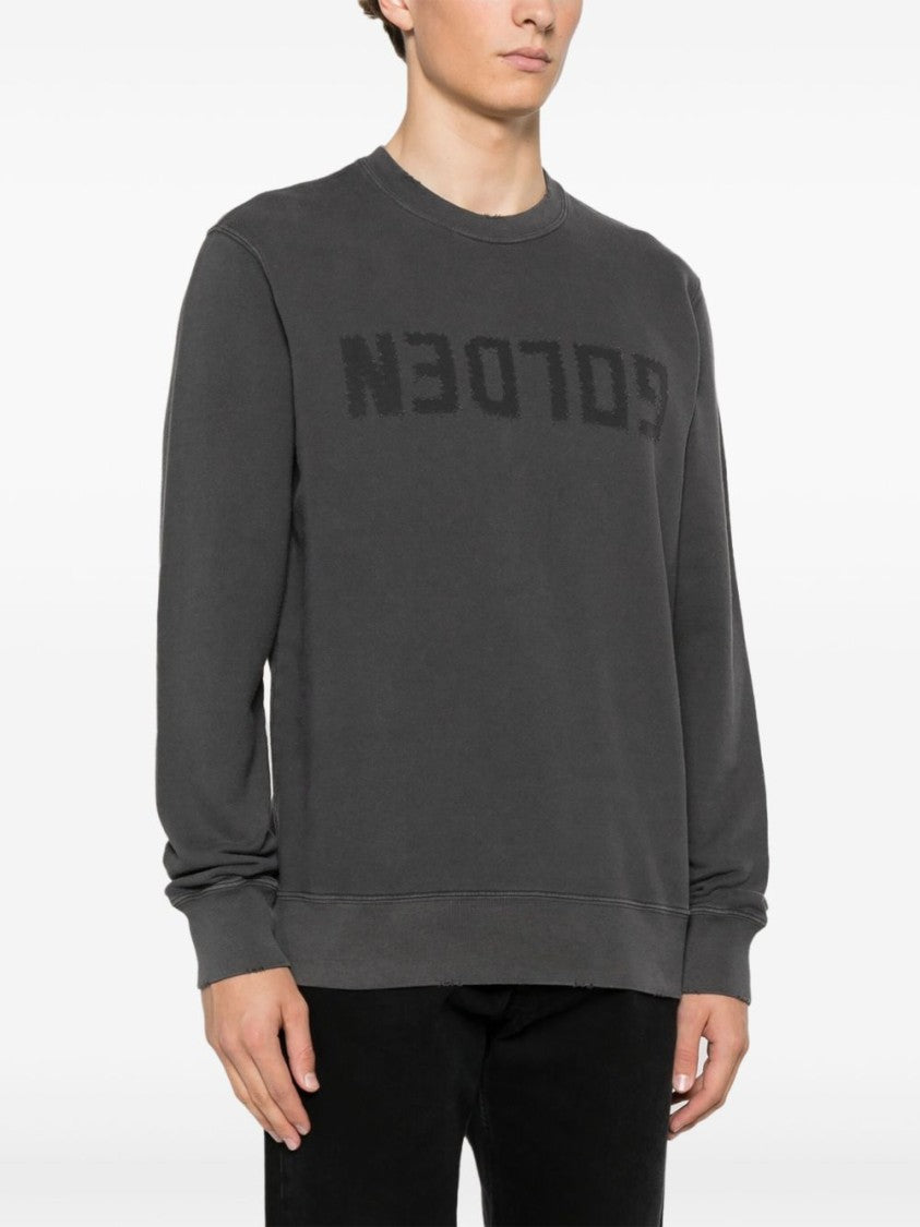 Golden Goose Distressed Grey Cotton Jersey Sweatshirt With Ribbed Trim