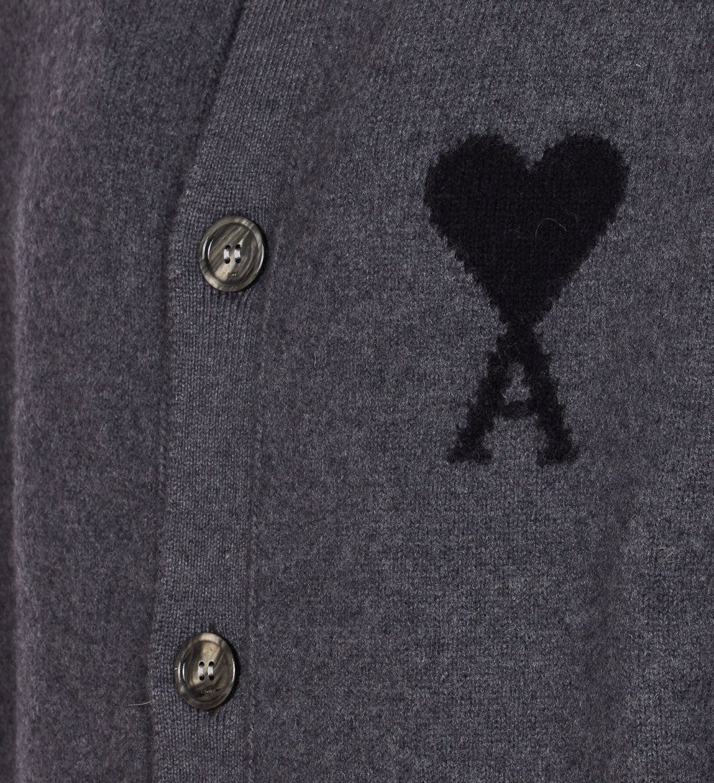 Ami Wool Cardigan With Button-Up Front And Heart Emblem