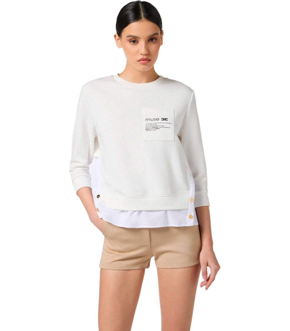 Elisabetta Franchi Ivory Sweatshirt With Poplin Hem And Logo Details
