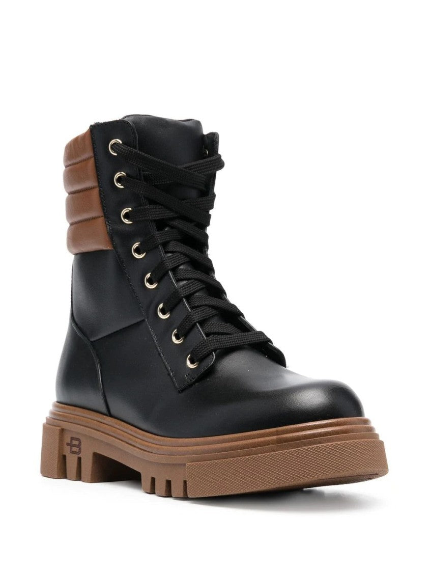 Baldinini Sleek Black Leather Ankle Boots With Padded Brown Collar