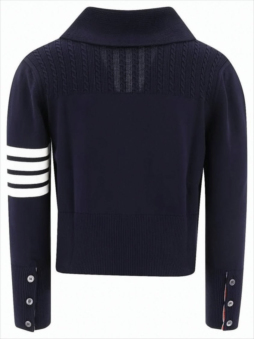 Thom Browne Cropped Blue Cardigan With Shawl Collar And Striped Detailing
