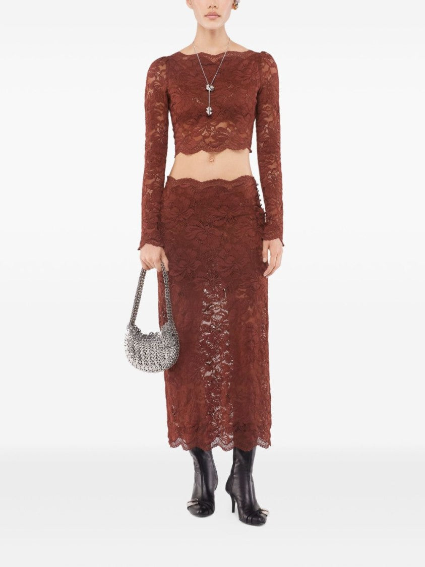 Rabanne Floral Lace Brown Midi Skirt With Scalloped Hem