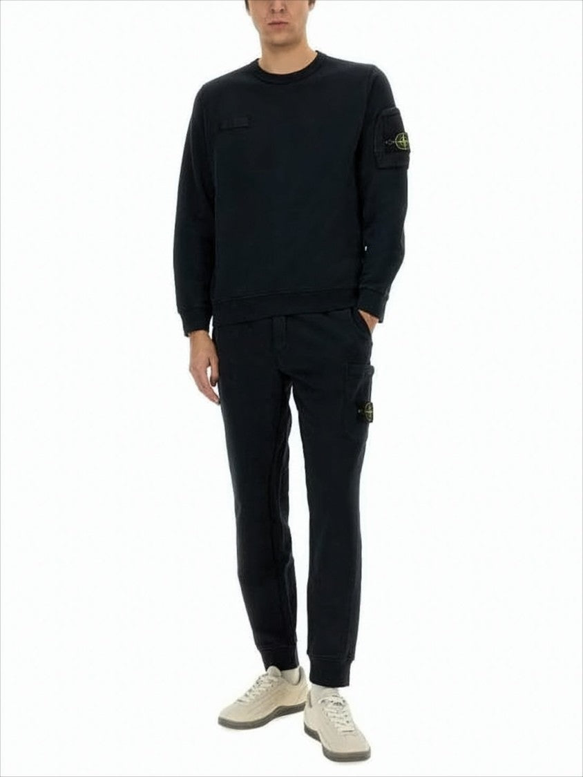 Stone Island Long-Sleeve Black Cotton T-Shirt With Logo-Badge Sleeve Pocket