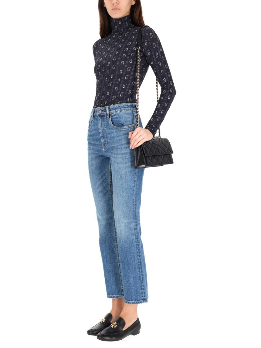 Tory Burch Ribbed Fitted Sweater With High Neckline