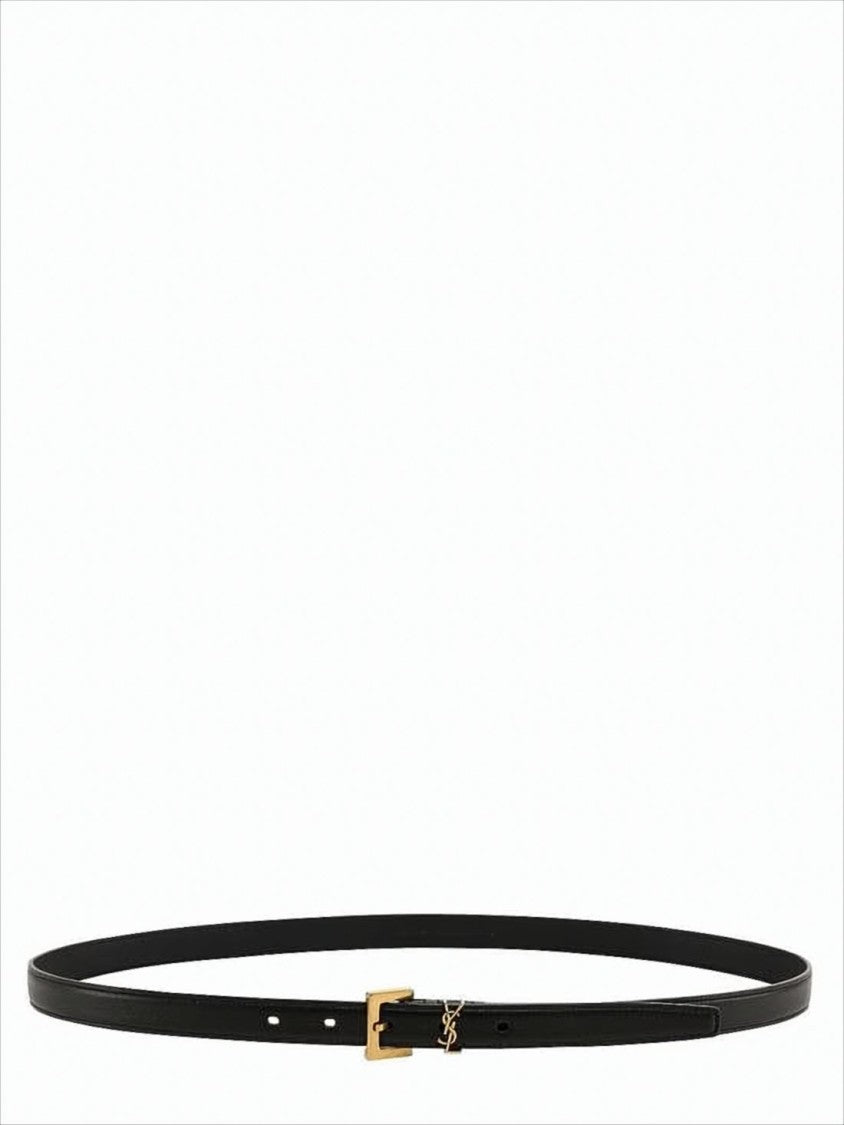 Saint Laurent Slim Cowhide Leather Belt With Rectangular Gold Buckle