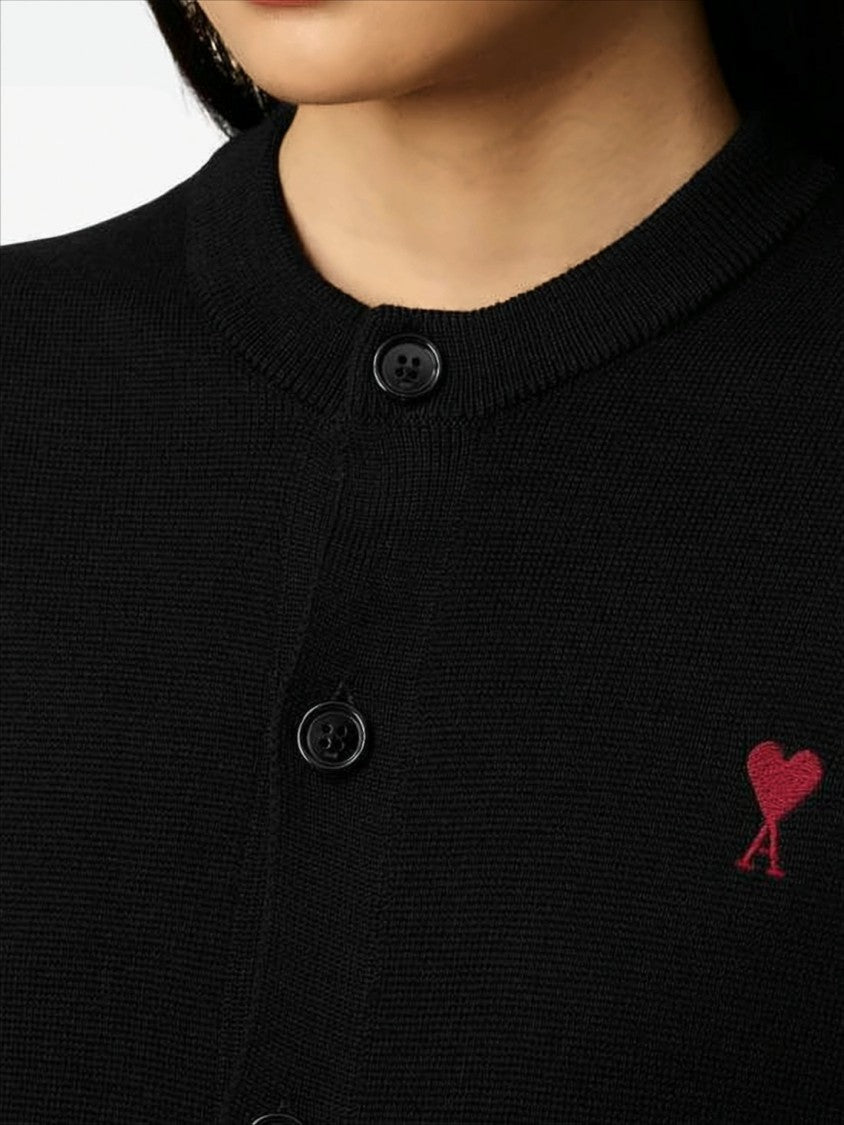 Ami Cropped Black Wool Cardigan With Round Neckline