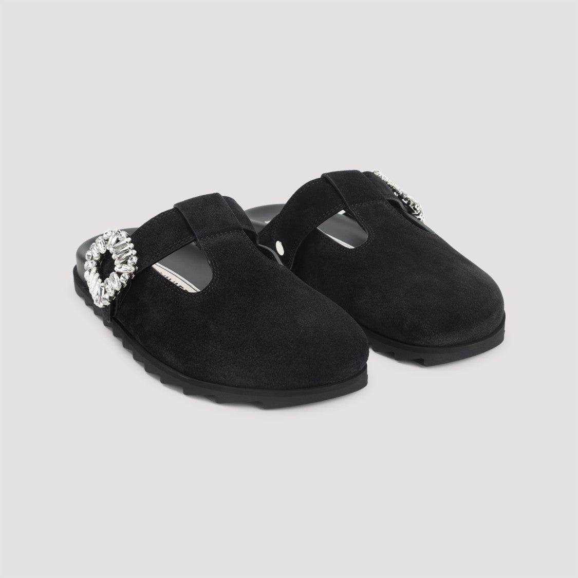 Roger Vivier Black Suede Slippers With Crystal Embellishments