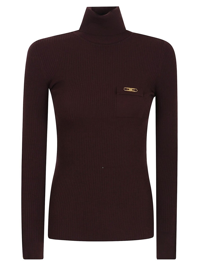 Elisabetta Franchi Ribbed Turtleneck Sweater With Satin Pocket Detail