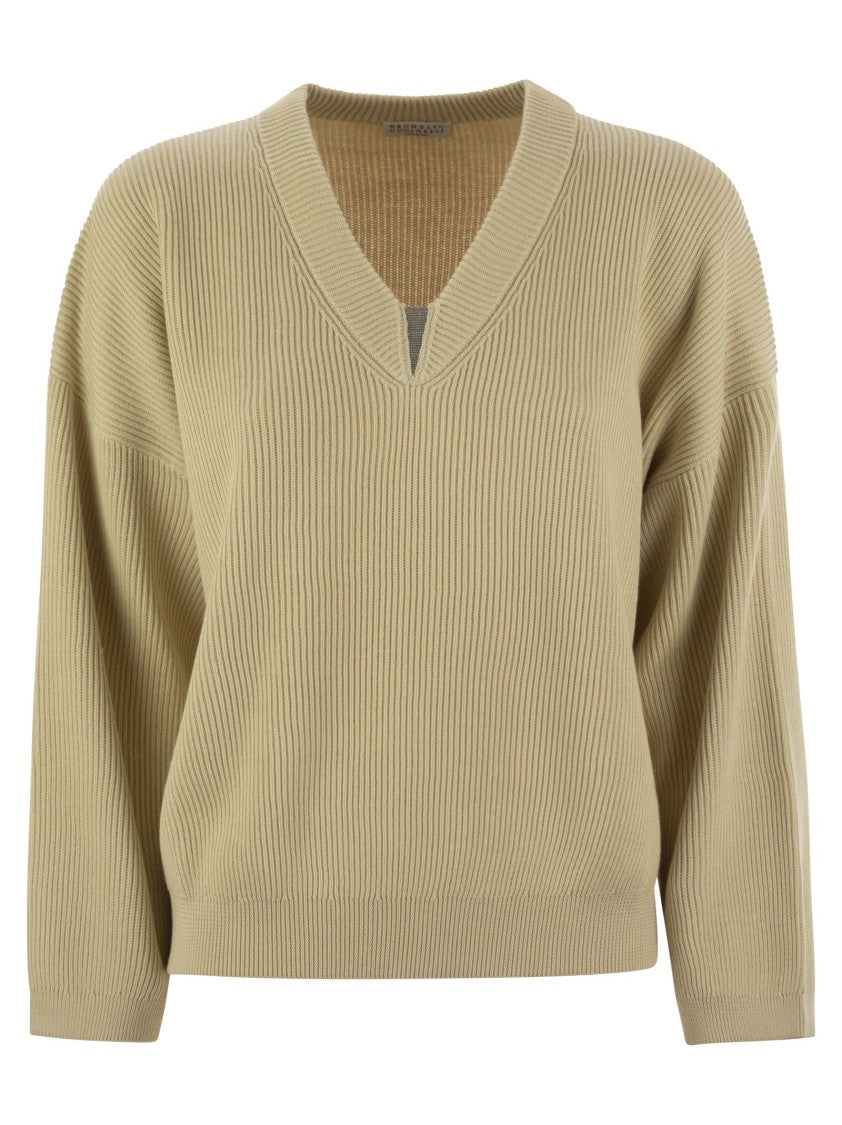 Brunello Cucinelli Cotton Rib Sweater With Shiny Detail