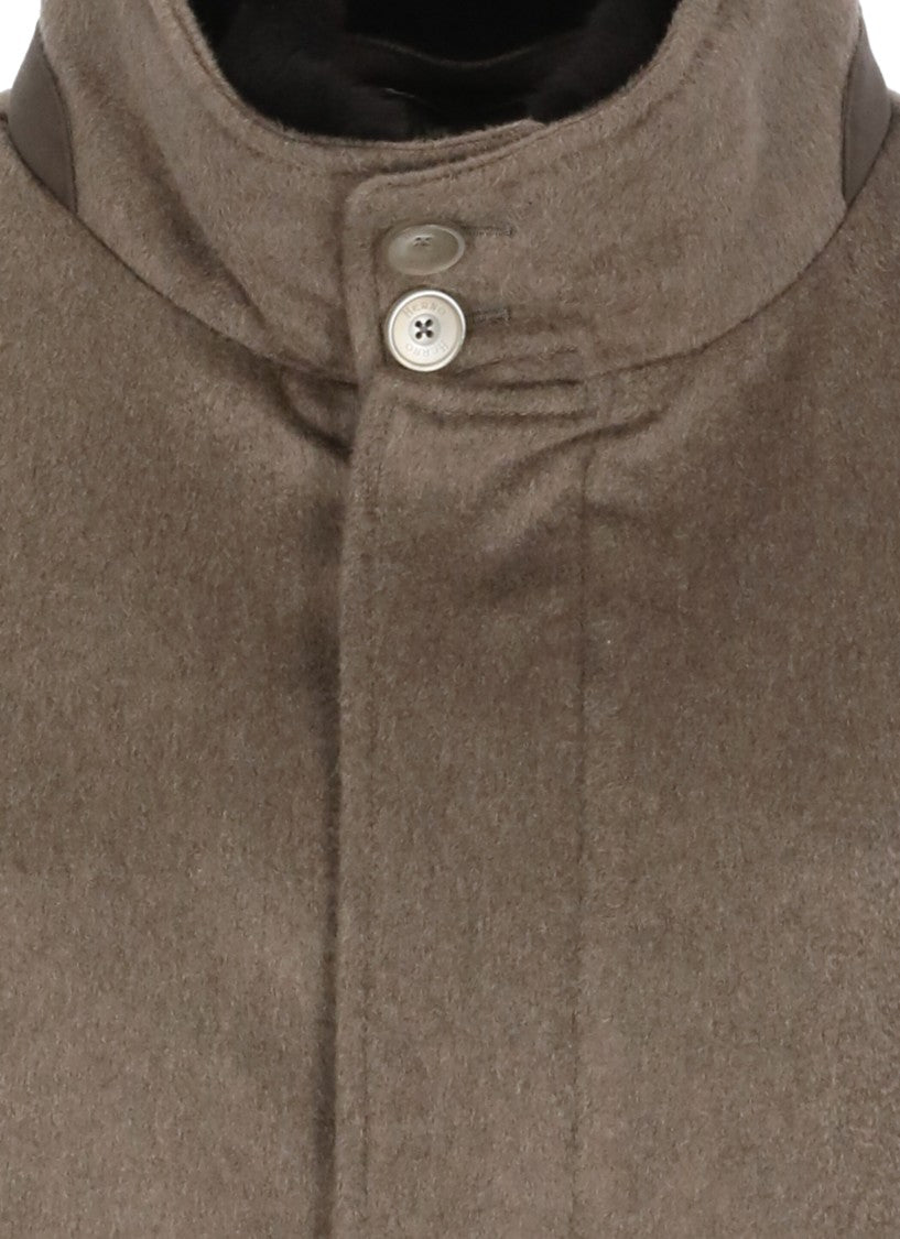Herno Beige Cashmere Coat With Fur-Lined High Neck