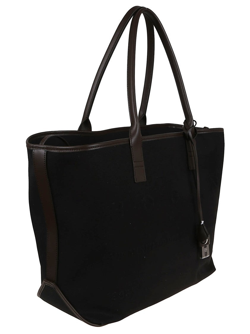 Hogan Spacious Black Leather And Canvas Shoulder Bag