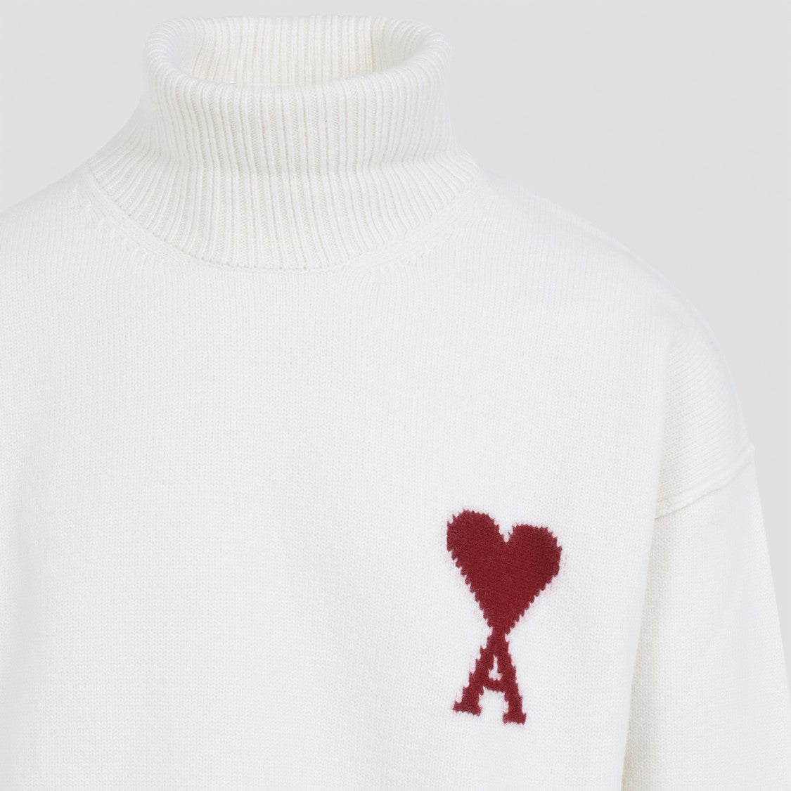 Ami Adc Funnel Neck Off White And Red Wool Sweater