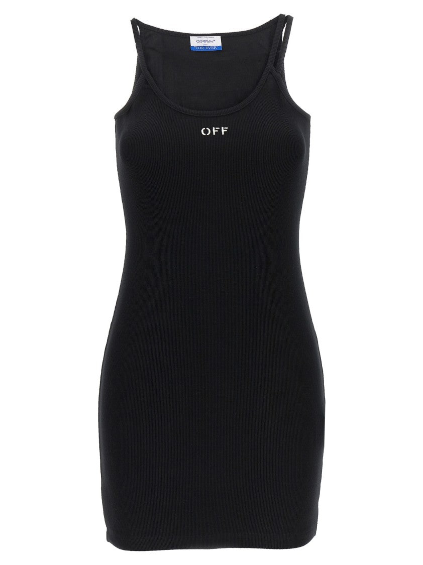Off-White Ribbed Stretch Mini Dress With Scoop Neckline
