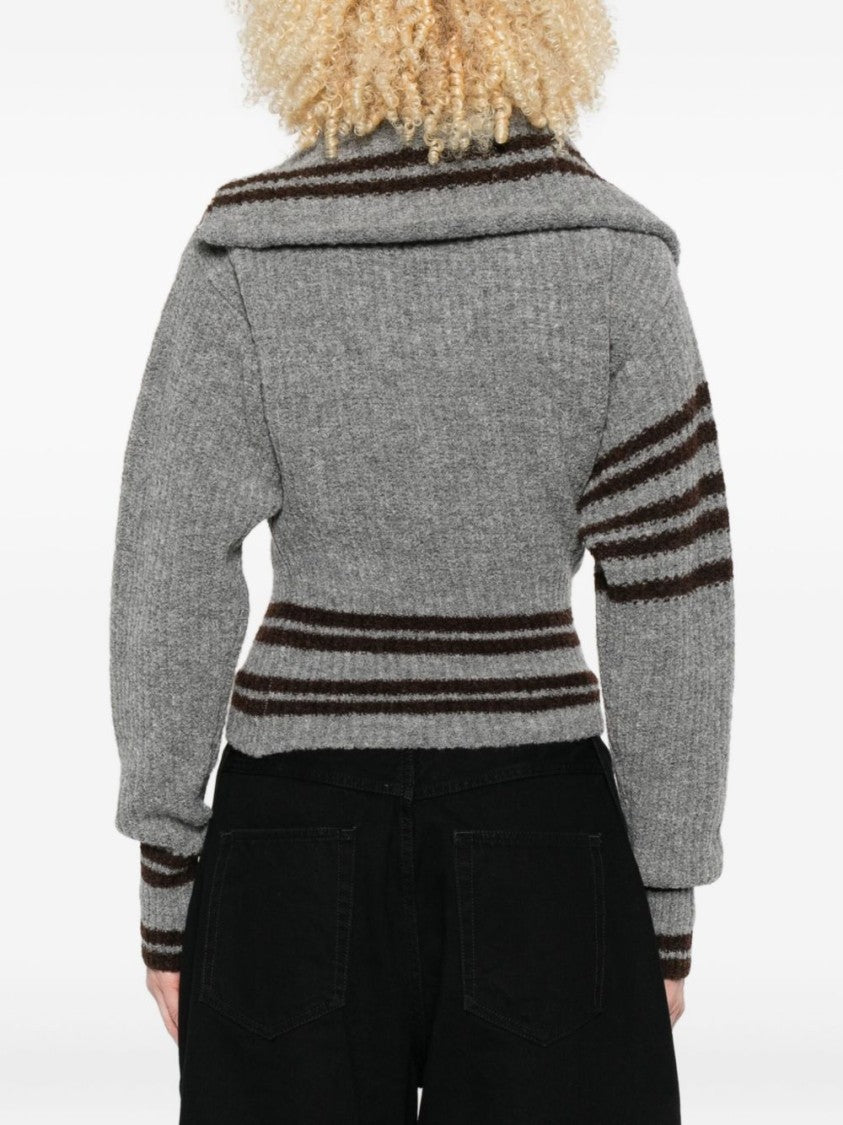 The Attico Asymmetrical Zip Grey Sweater With Ribbed Texture