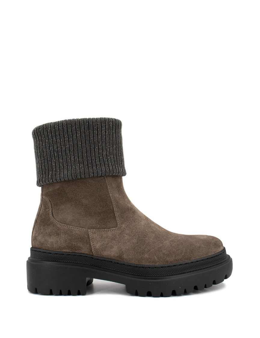 Brunello Cucinelli Ankle Boots With Ribbed Knit Cuff And Shimmering Embroidery