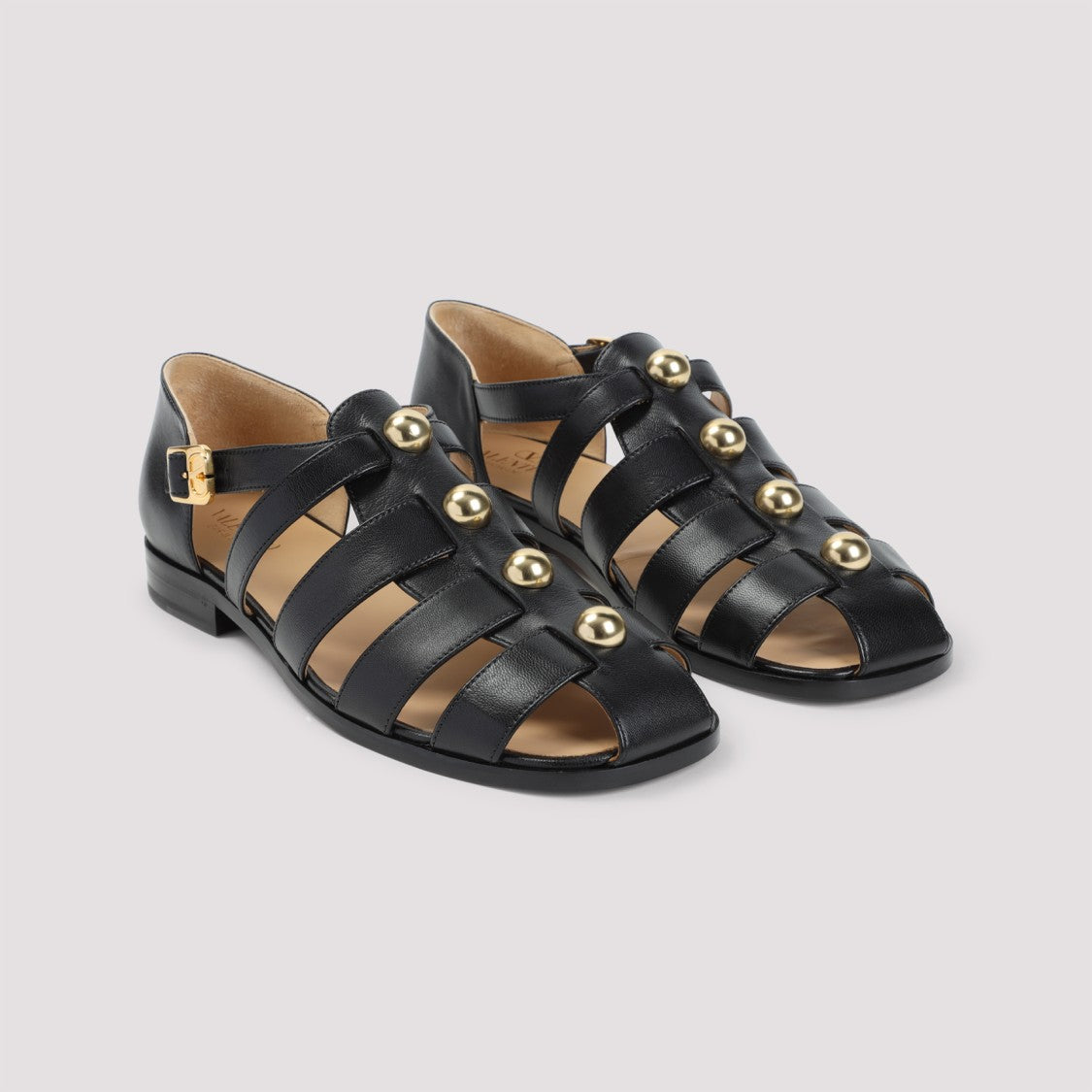 Valentino Black Leather Sandals With Decorative Metal Accents