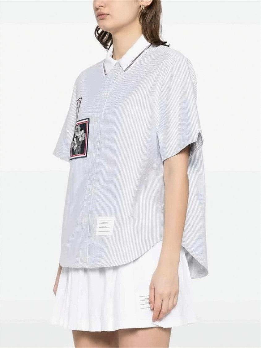 Thom Browne Relaxed Fit Short-Sleeved Blouse With Pinstripes And Floral Details