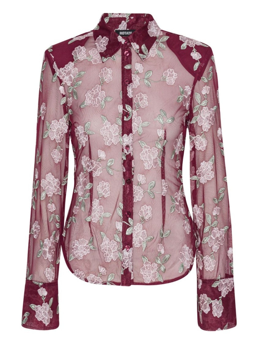 Rotate Sheer Floral Embroidery Shirt With Classic Collar